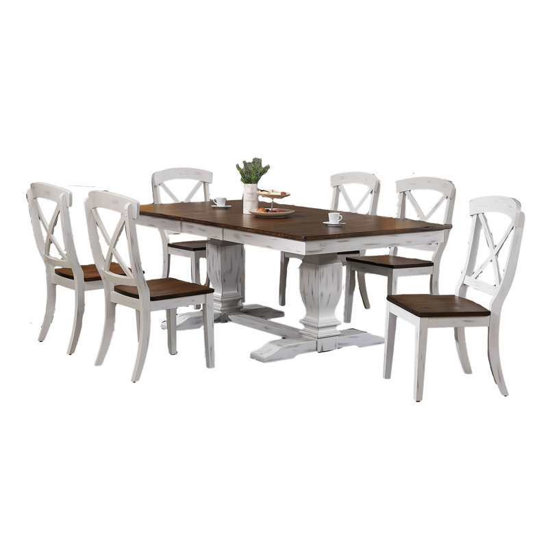 Claudell 7-Piece Rectangle Solid Wood Extendable Dining Set in White and Brown With An 18"Takeout  Leaf, White, Brown