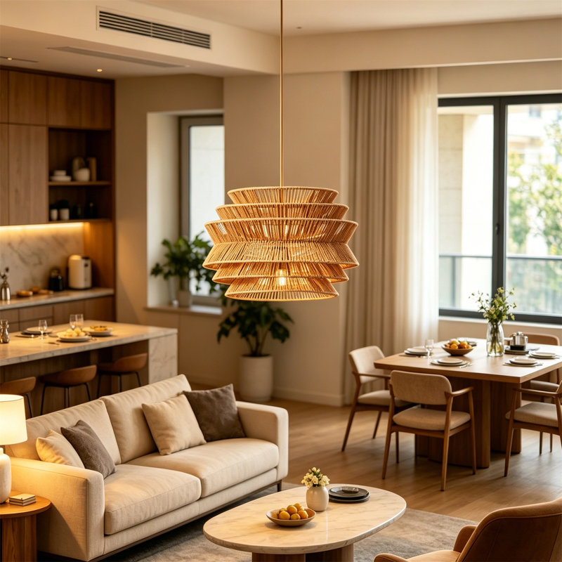 Luminaire suspendu en corde de chanvre naturel à 1 lumière à niveaux avec base dorée, hauteur réglable