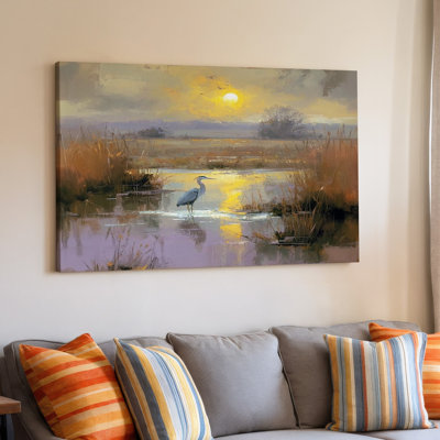 Coucher de soleil sur un marais au coucher du soleil avec héron, oiseau et scène naturelle, reproduction d'art sur toile pour le salon, la chambre à coucher, le bureau, le couloir, le vestibule, le mur de la galerie et la décoration intérieure moderne