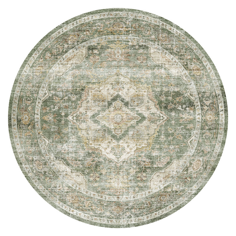 Tapis oriental rond vert lavable à la machine Sage, Vert sauge, Rond 6 pi