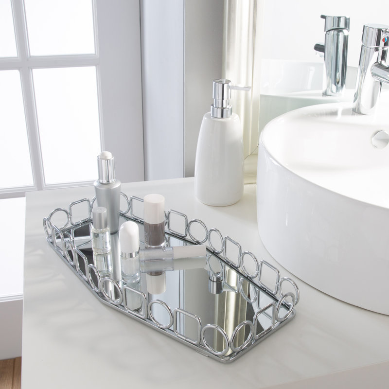 Chrome Geometric Mirror Vanity Tray with Steel Frame