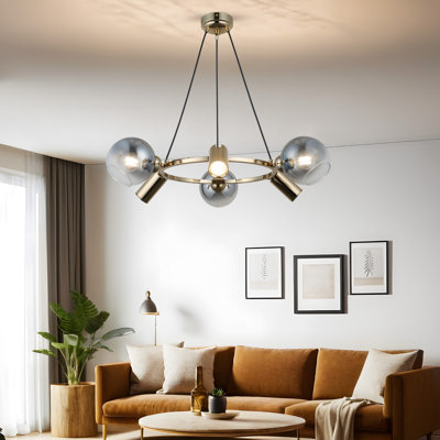Antique Lacquer Chandelier, Metal Body, Adjustable Height 11.8 to 43.3 Inches | Ø5.5 Inches Glass Cap | 3 x E27 Max 40W & 3 x GU10 Max 5W Sockets | Elegant Lighting Fixture for Living Room, Dining Room & Entryway