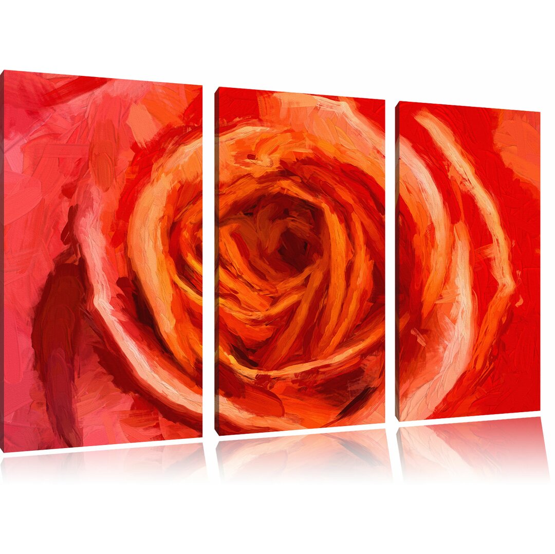 3-tlg. Leinwandbilder-Set „Detaillierte rote Rosenblüte“, Grafikdruck