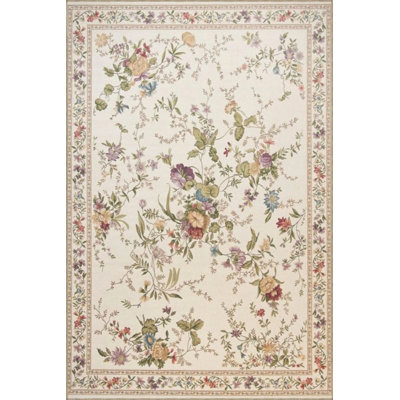 Cream Bordered Floral Themed Patterned Woven Base Carpet And Washable Carpet
