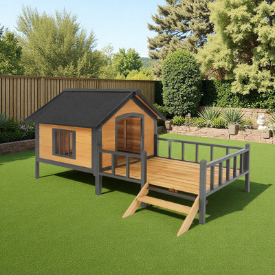 67” Outdoor Wooden Dog Kennel - Iron Frame, Cabin Style With Porch
