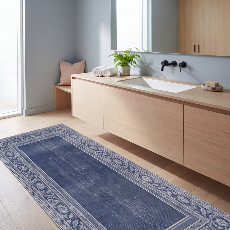 Tapis moderne minimaliste avec bordure géométrique en quartz, couleur marine, turquoise, gris, crème et rose. Lavable à la machine, antidérapant, à poils courts, pour l'intérieur et l'extérieur, adapté aux animaux domestiques. Convient au salon, à la chambre à coucher, à la salle à manger, à l'entrée, au corridor ou au bureau.
