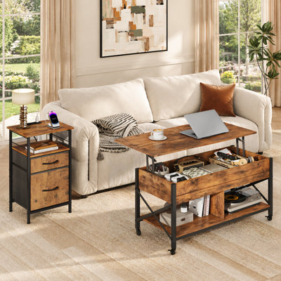 2-Piece Living Room Table Set with Lift-Top Coffee Table and Charging Side Table, Hidden Storage, Fabric Drawers and Casters, Rustic Brown