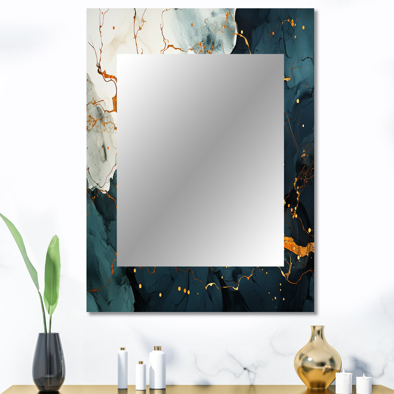 Gold and Green Abstract marble Aura I - Marble Decorative Mirror, Gold Large Wall Mirror, Printed Metal Art, 40" x 30"