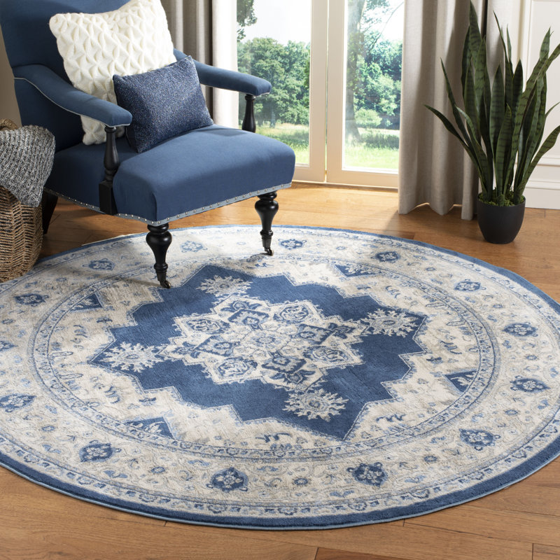 Aurelle Oriental Navy/Creme Area Rug, Round 8'