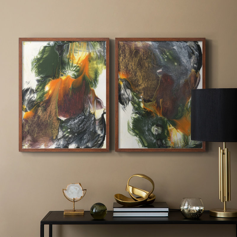 Impression encadrée orange-verte I-Premium - prête à être accrochée - aucun clou requis - aucun clou requis, Noyer