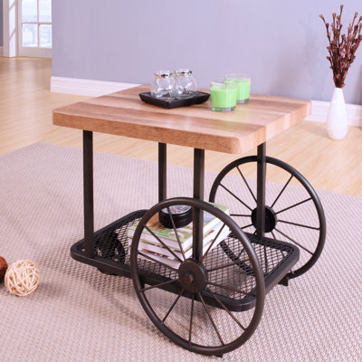 Table de bout rectangulaire industrielle avec plateau en chêne et gris antique, roulettes pour les activités artisanales