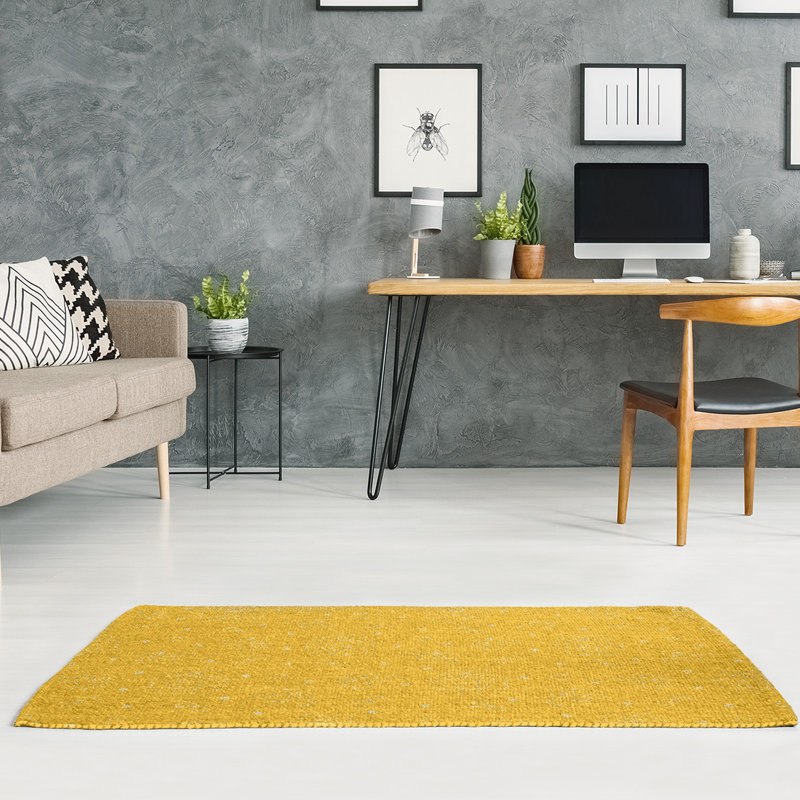 Tapis jaune/blanc fait main, Rectangle 5 pi x 7 pi