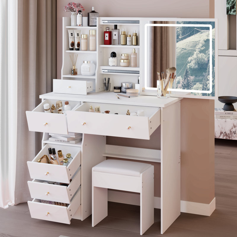 Meuble-lavabo de 37 po de taille moyenne avec tiroir à gauche et tabouret rembourré, grand tiroir, commande tactile, interrupteur tricolore, miroir à luminosité réglable, rangement grande capacité, convient aux grands espaces