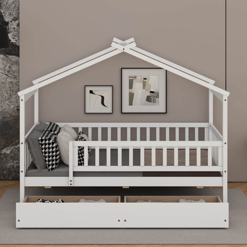 Lit simple en bois avec tiroirs, Blanc