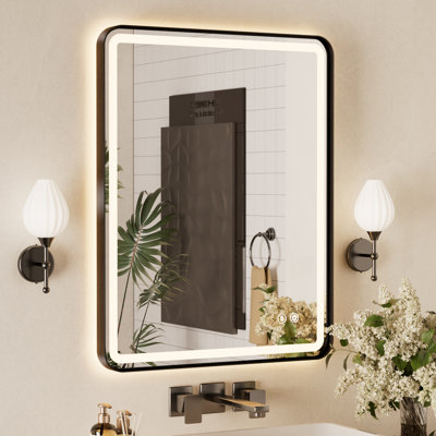 Miroir de salle de bain lumineux à DEL avec cadre en aluminium, éclairage avant et arrière, antibuée, 3 températures de couleur et intensité variable
