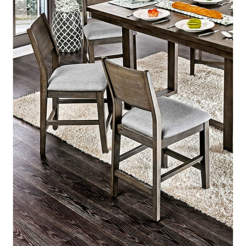 Chaises de salle à manger à hauteur de comptoir contemporaines en bois d'hévéa gris avec sièges rembourrés en tissu en A de 2 pour cuisine à panneau arrière