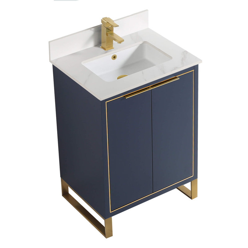 Minday 24'' Single Bathroom Vanity with Stone Top, Satin Brass, Navy Blue
