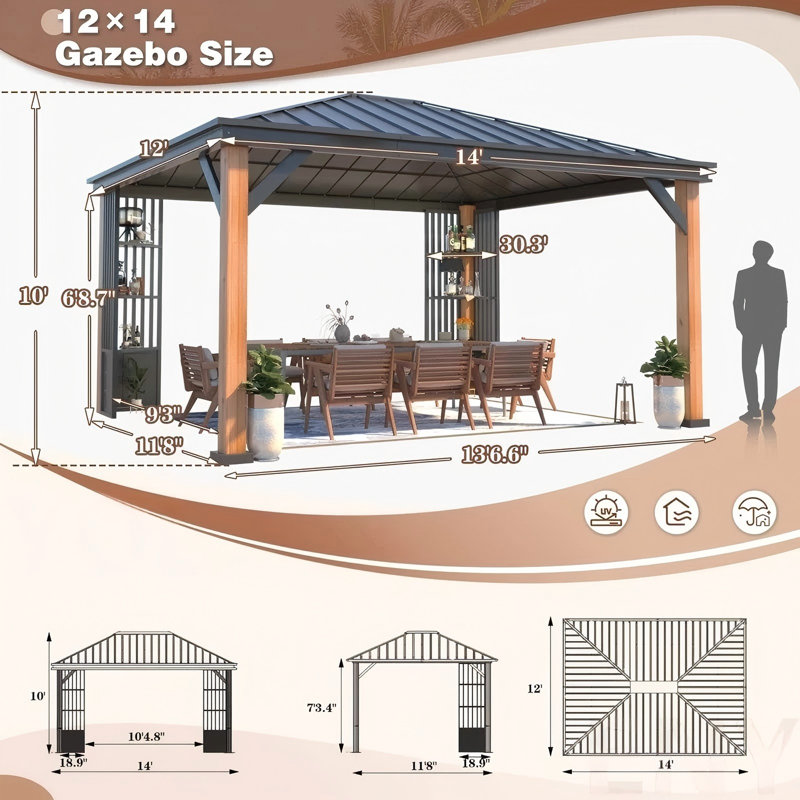 EROMMY 14 Ft. W x 12 Ft. D Aluminum Patio Gazebo with Shelves