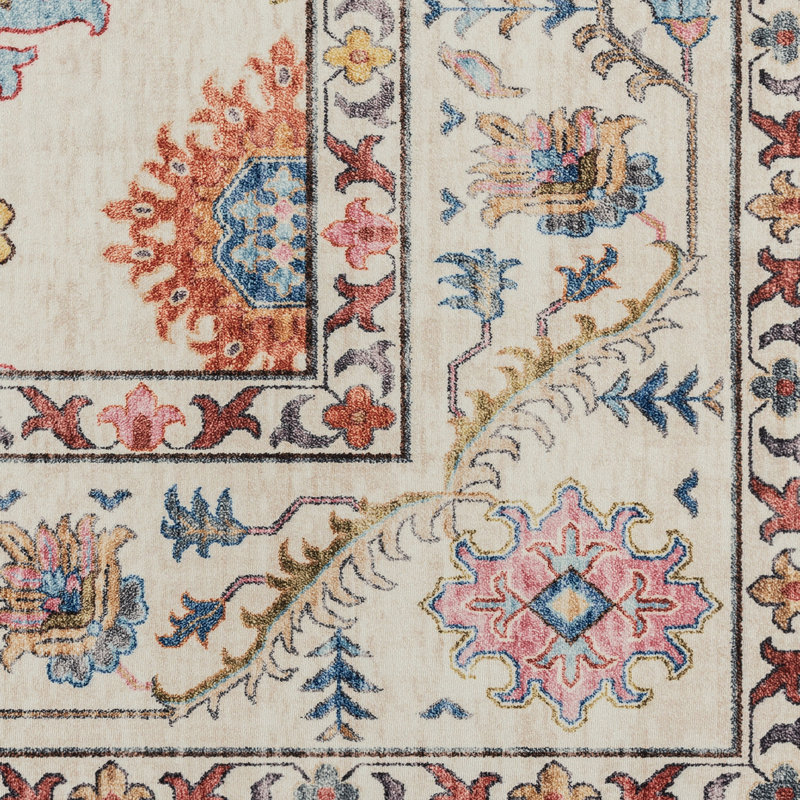 Samira Cream Pink Multi Indoor Area Rug, Transitional Flat Pile for Living Room & Bedroom- Cream, 5x7, Rectangle 5' x 7'