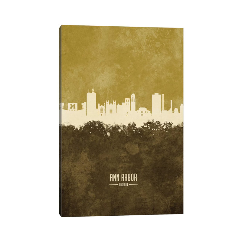 Ann Arbor Michigan Skyline Ochre by Michael Tompsett - 1 Piece Wrapped Canvas Painting, 20.32 cm H x 30.48 cm W