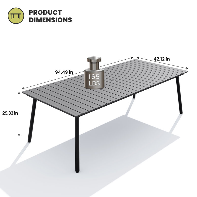 Patio Dining Table With Umbrella Hole, 29.13" H x 94.5" L x 42.12" W, Dark Gray