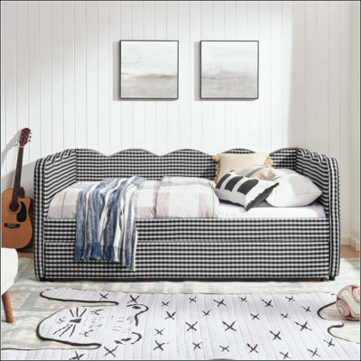 Lit de jour en vichy douillet avec lit gigogne simple sans sommier, avec port USB et adorable tissu en forme de vague