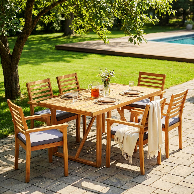 Ensemble de salle à manger d'extérieur 7 pièces en bois d'acacia avec 6 chaises