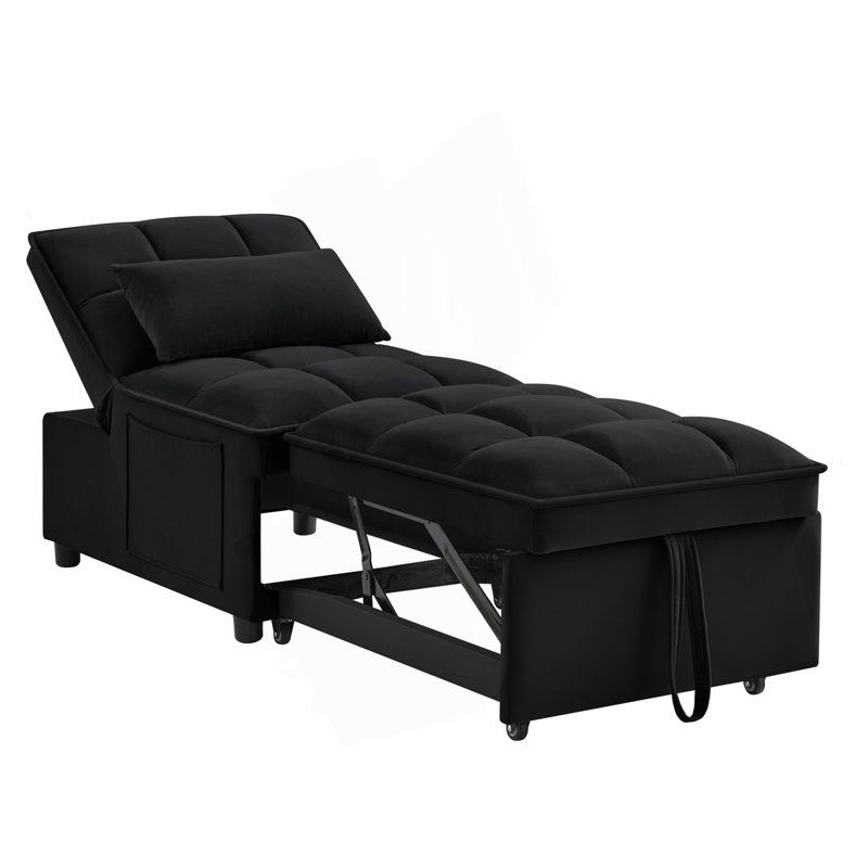 Tufted Single Pull-Out Sofa Bed with Adjustable Backrest And Pillows, Convertible Chaise Lounge, Black
