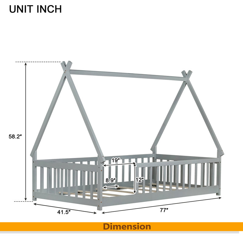 Tent-Shaped Floor Bed,Teepee Bed With Guardrails,Slats, Gray