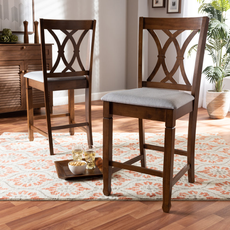 Upholstered Counter Stool with Solid Wood Frame, Grey, Walnut Brown, Bar Stool (29" Seat Height)