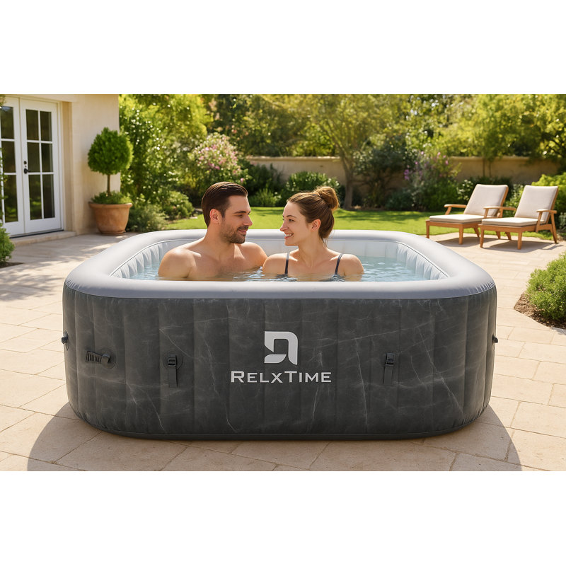 Relxtime Square Portable Hot Tub 2-4 Person With Hot Tub Cover And Non-slip Seats, Outdoor Inflatable Blow Up Spa With 120 Bubble Jets, Built In Heater Pump, 2 Filter Cartridges