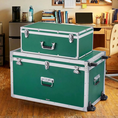 Metal Storage Trunk, Set of 2, Wooden Suitcase Storage Boxes with Padlocks, Large Trunk Includes Casters & 3 Metal Handles, Decorative Store Chest with Lids for Travel, Apartment, Dorm, Green