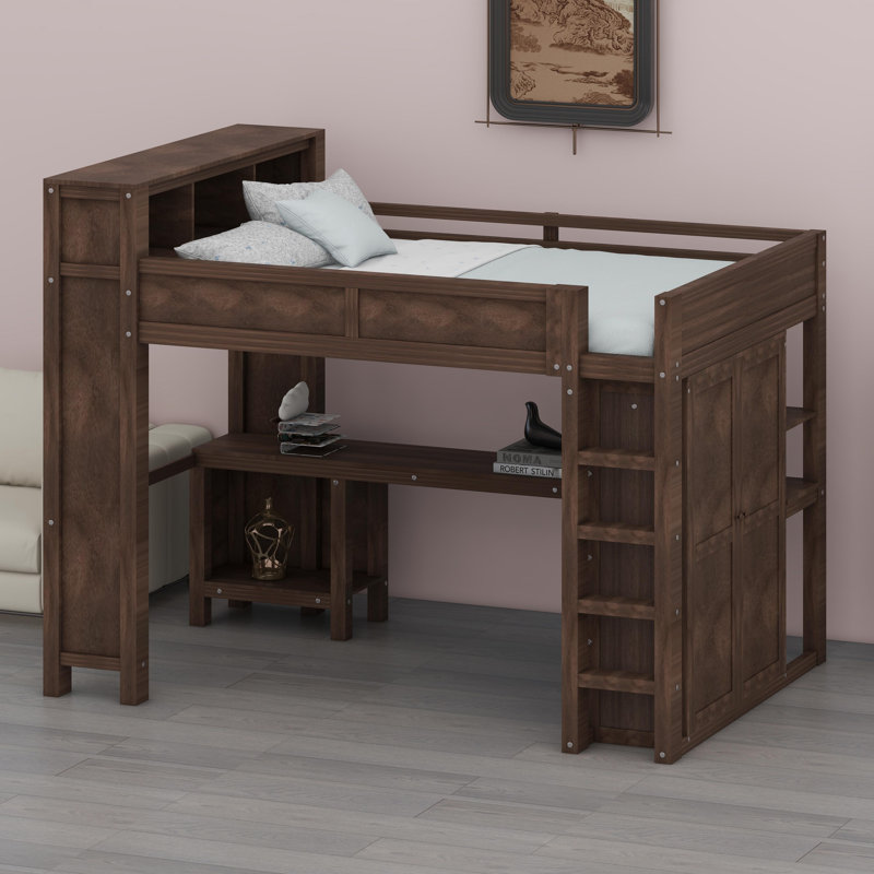 Lit mezzanine peu encombrant avec garde-robe intégrée, bureau d'étude et tête de lit avec ports USB, Brun