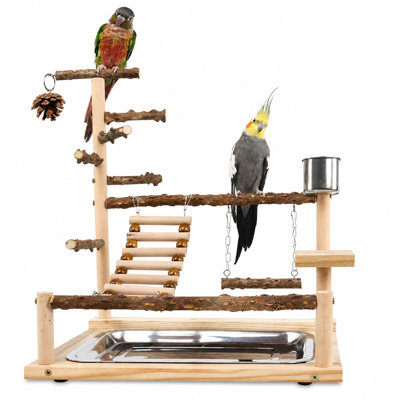 Natural Pepper Wood Parrot Play Stand, Multi-level Bird Training Perch with Climbing Ladder & Swing Bridge, Portable Bird Playground with Feeding Cup for Small Medium Parrots