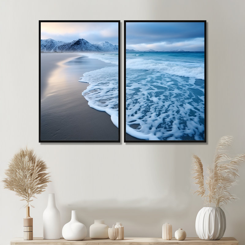 Vague blanche et calme sur la plage côtière IV - art mural plage côtière côtière, H 36 po x l 48 po, Noir