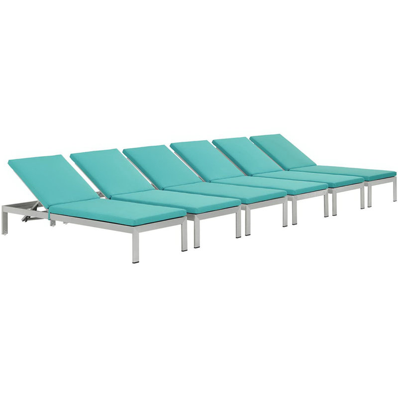 Shore 76'' Long Reclining Chaise Lounge Set with Cushions (Set of 6), Turquoise, Silver