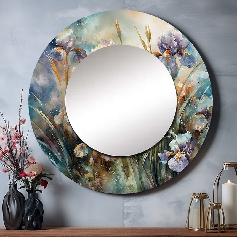 Pullens - mauve, vert, sauvage, Iri S I - miroir unique iris, grand miroir mural rond traditionnel, impression d'art en métal