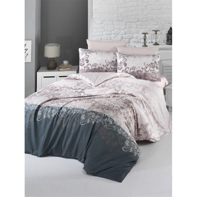 Ensemble de housse de couette 100% coton Benno, Housse de couette 61 po x 87 po + 1 taie d'oreille, Brun / turquoise / crème