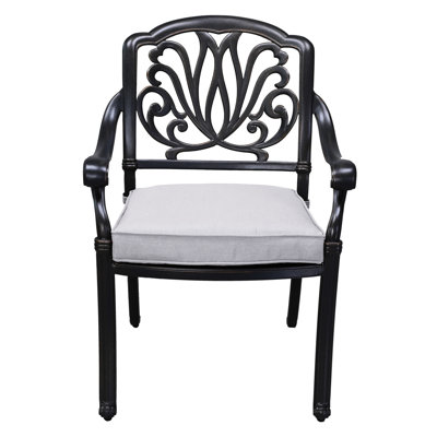 2 pièces de fauteuil de salle à manger d'extérieur en aluminium, gris foncé et blanc, de fabrication, de coussins pour une utilisation à long terme et de fauteuil confortable avec coussin, 2. gris et blanc. Cadre. Coussins. Conception élégante et complexe.