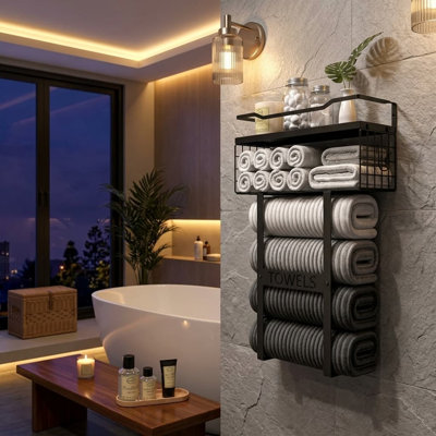 Porte-serviettes mural noir avec tablette en bois et panier en métal pour petite salle de bain