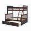 Lit simple superposé au dessus d'un lit double avec tiroirs de rangement, lit superposé en bois avec échelle et garde-corps