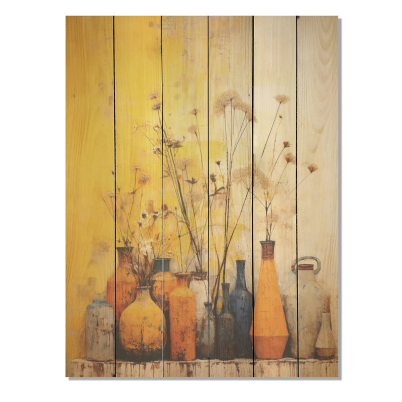 Minimalisme, poteries jaunes I - Boho Pottery Wood, art mural sur bois de pin naturel, H 20 po x l 10 po