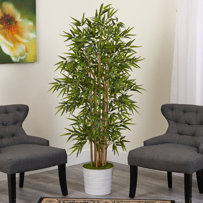 Bamboo Artificial Tree in White Tin Planter