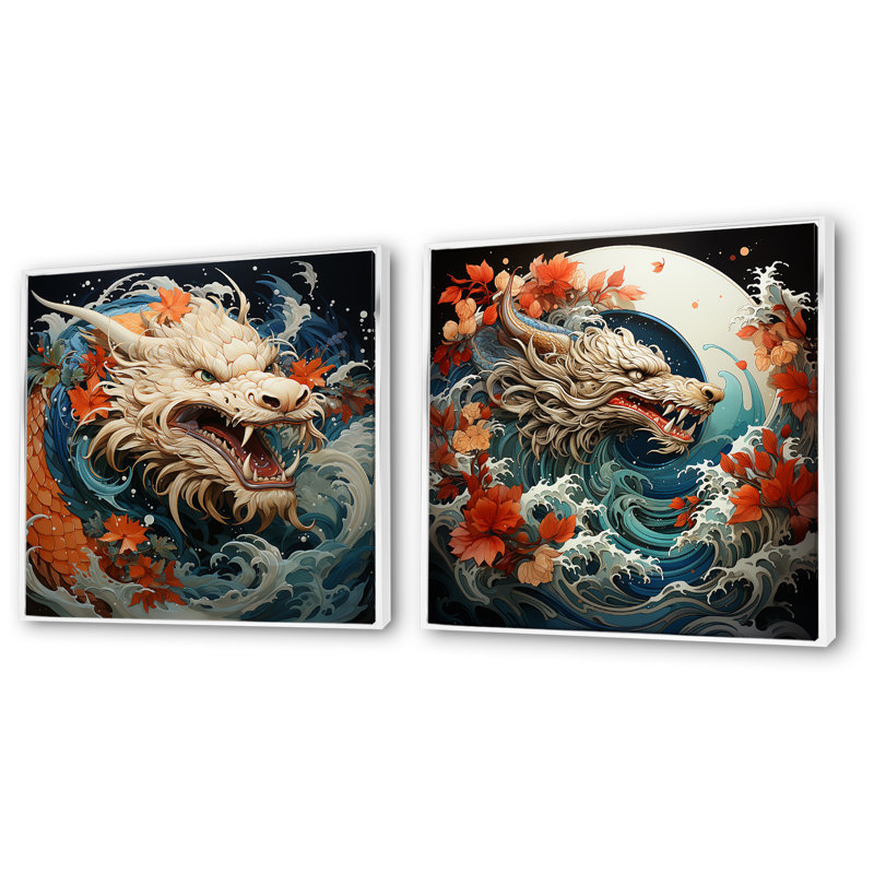 Vague de dragon japonais au large de Kanagawa I - ensemble de 2 reproductions d'art sur toile, Cadre flottant blanc