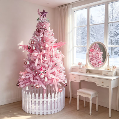 Arbre de Noël artificiel en forme de crayon en PVC rose résistant aux flammes de 6 pi avec lumières DEL à changement de couleur