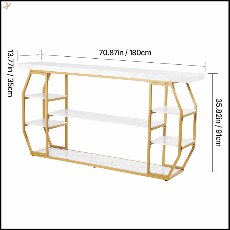 3 Tiers Marble Console Table With Modern Golden Geometric Design, Perfect For Stylish And Efficient Storage In Small Spaces.