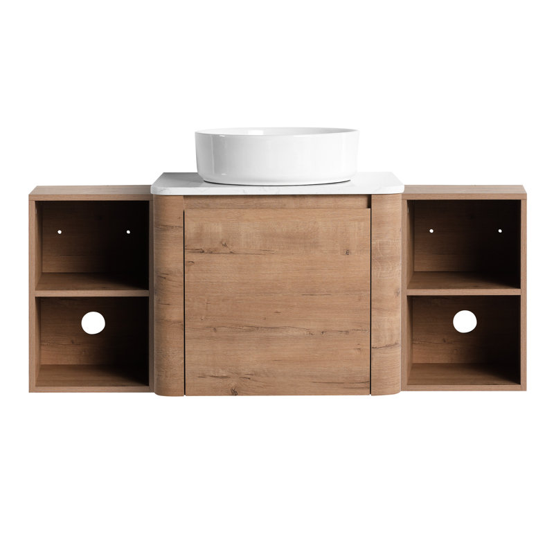 Meuble-lavabo de salle de bain de 122 cm (48 po) avec lavabo en céramique décorative, 2 étagères de rangement, porte à fermeture amortie, contreplaqué – style contemporain, imitation chêne, dimensions des étagères : 114 cm (45 po), poignées dissimulées