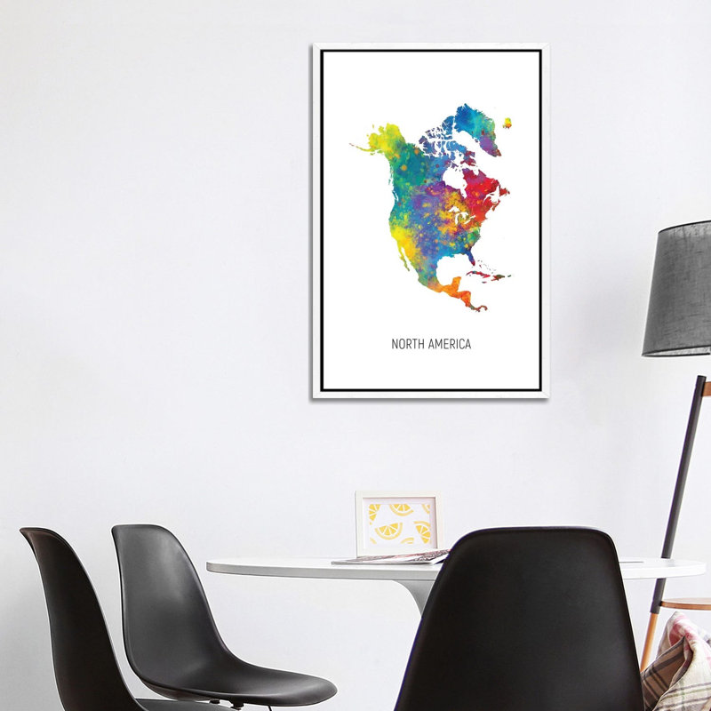 North America Map by Michael Tompsett - Print on Canvas, 101.6cm H x 66.04cm W x 3.81cm D, White Floater Framed
