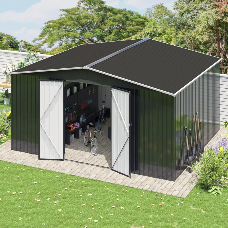 VIWAT 12 ft. W x 14 ft. D Galvanized Steel Outdoor Storage Shed, 12x14 FT, No