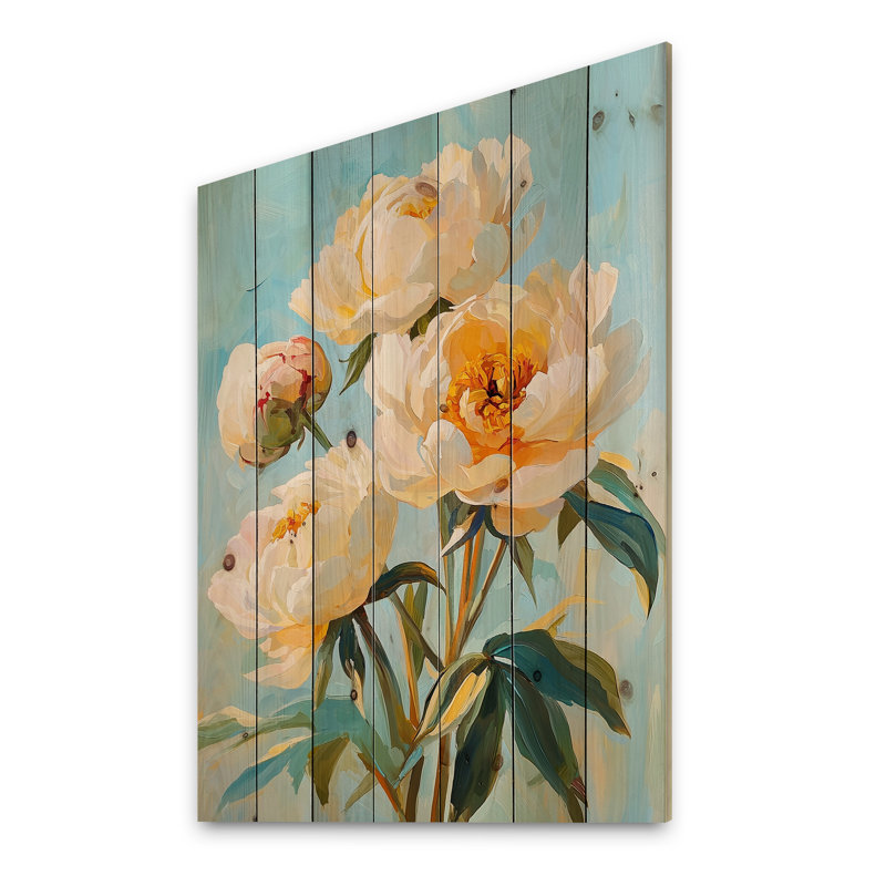 Vintage pivoines crème ensoleillées II - décorations murales en bois de pivoines - sur bois de pin naturel